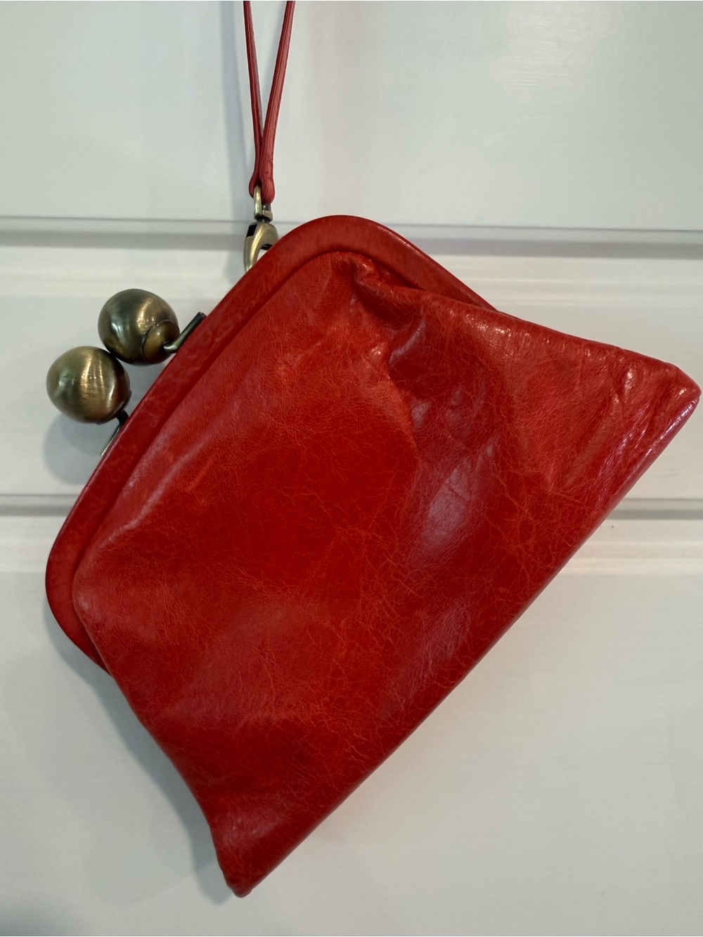 Trina Turk Red Leather Gold Kiss Lock Clutch Wristlet Oversized Ball Closure - Picture 5 of 11